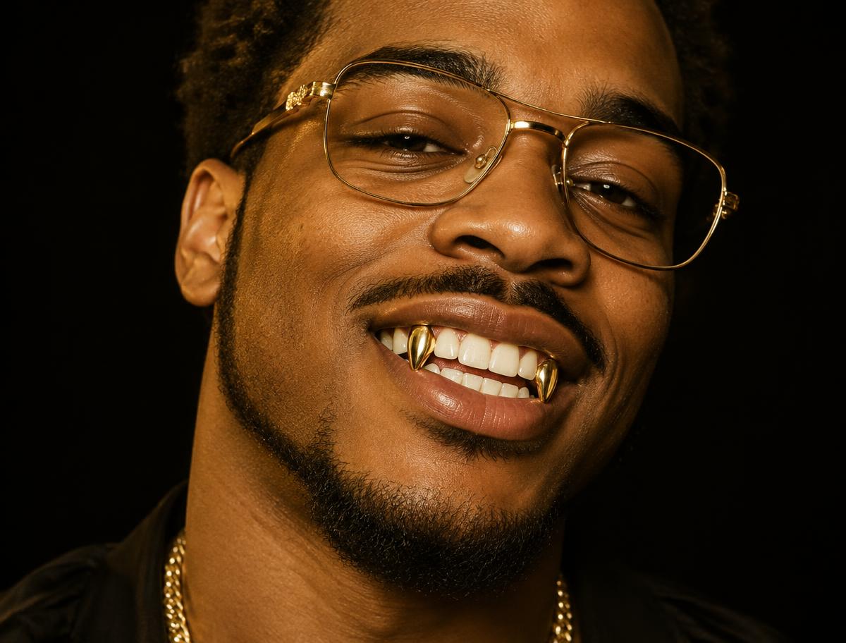 Man smiling with gold fang grillz on both upper canines
