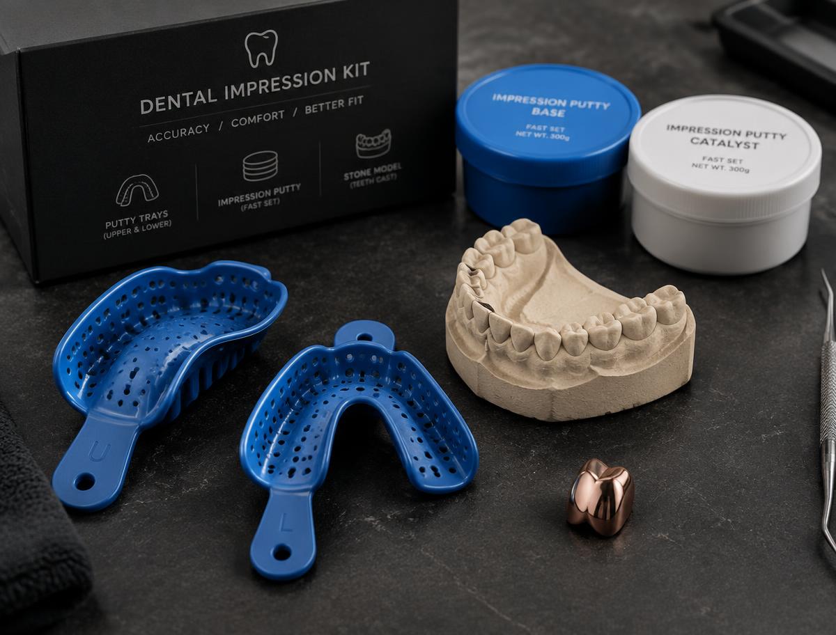 Mail-in impression kit for custom grillz with a rose gold single cap