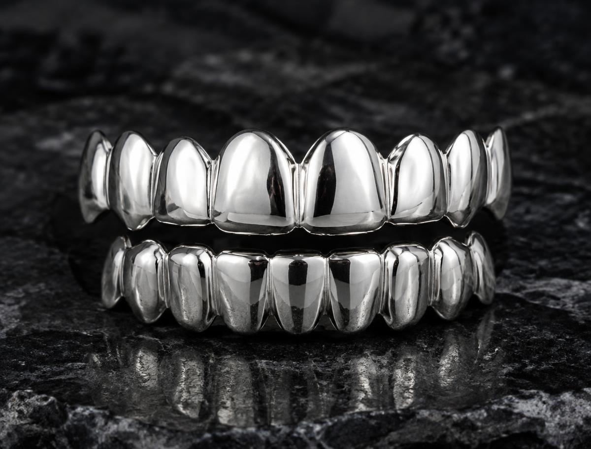 Polished solid sterling silver top and bottom grillz set on black stone