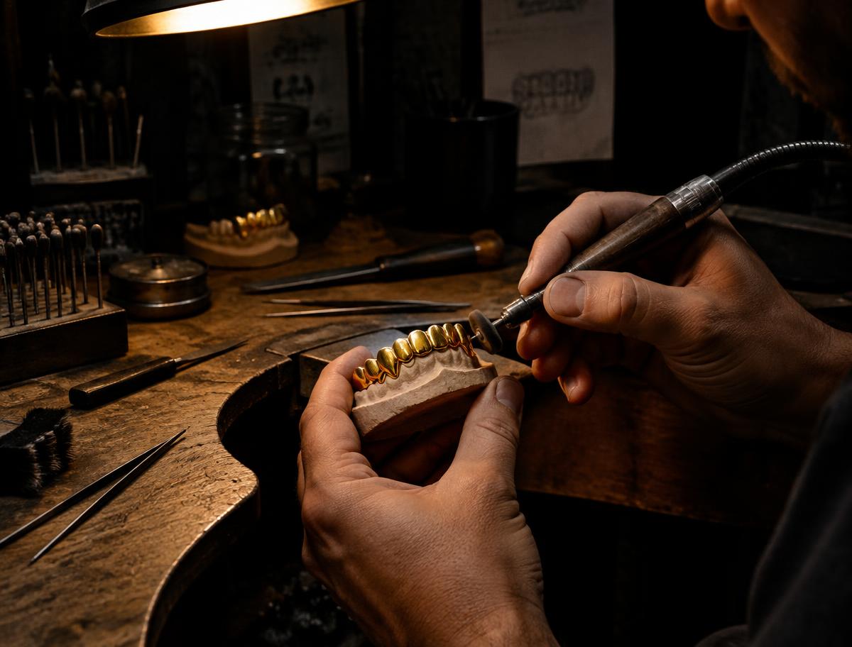 Jeweler polishing a gold grill on a stone model of the client's teeth